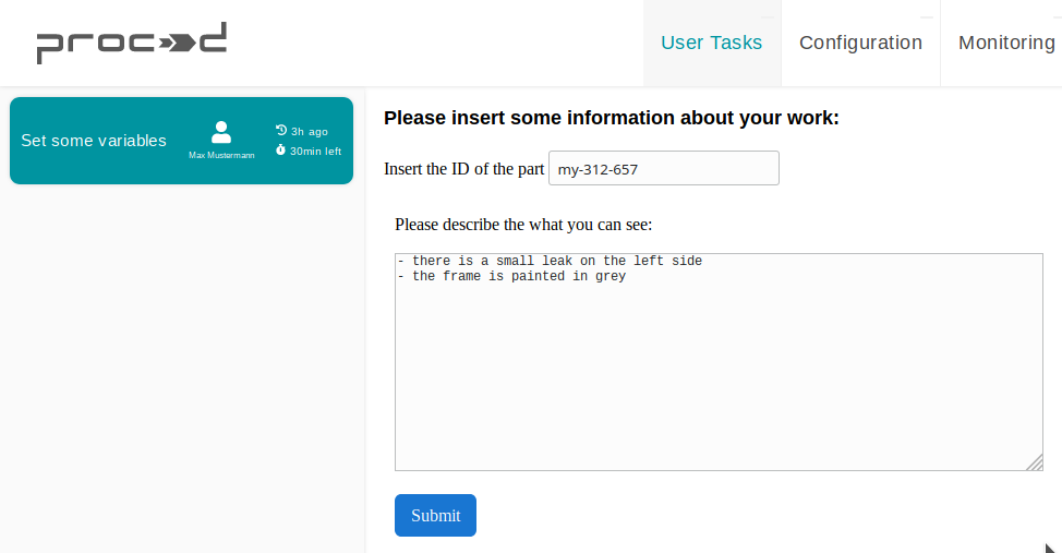 Filled form fields inside a task