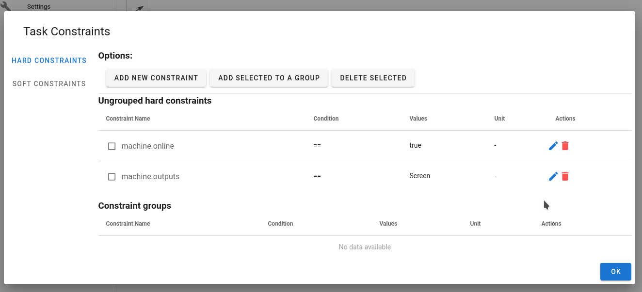 Two constraints for a user task to have a display and an internet connection